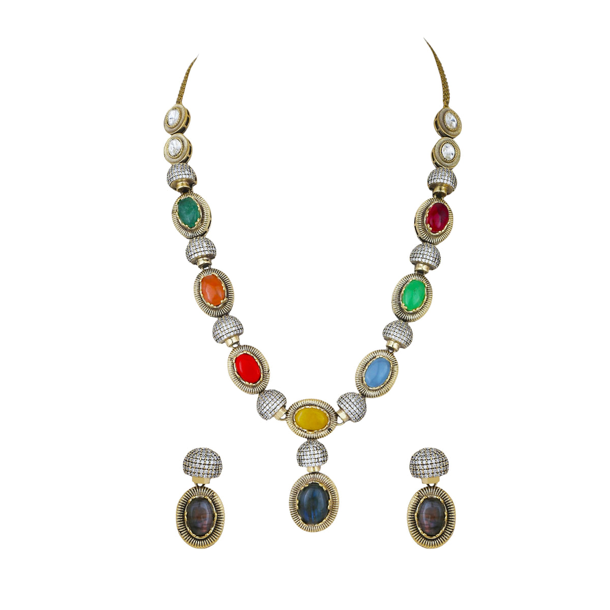 Mataari Necklaces Mahika Gold Plated Solitaire Navratna CZ Wedding Necklace
