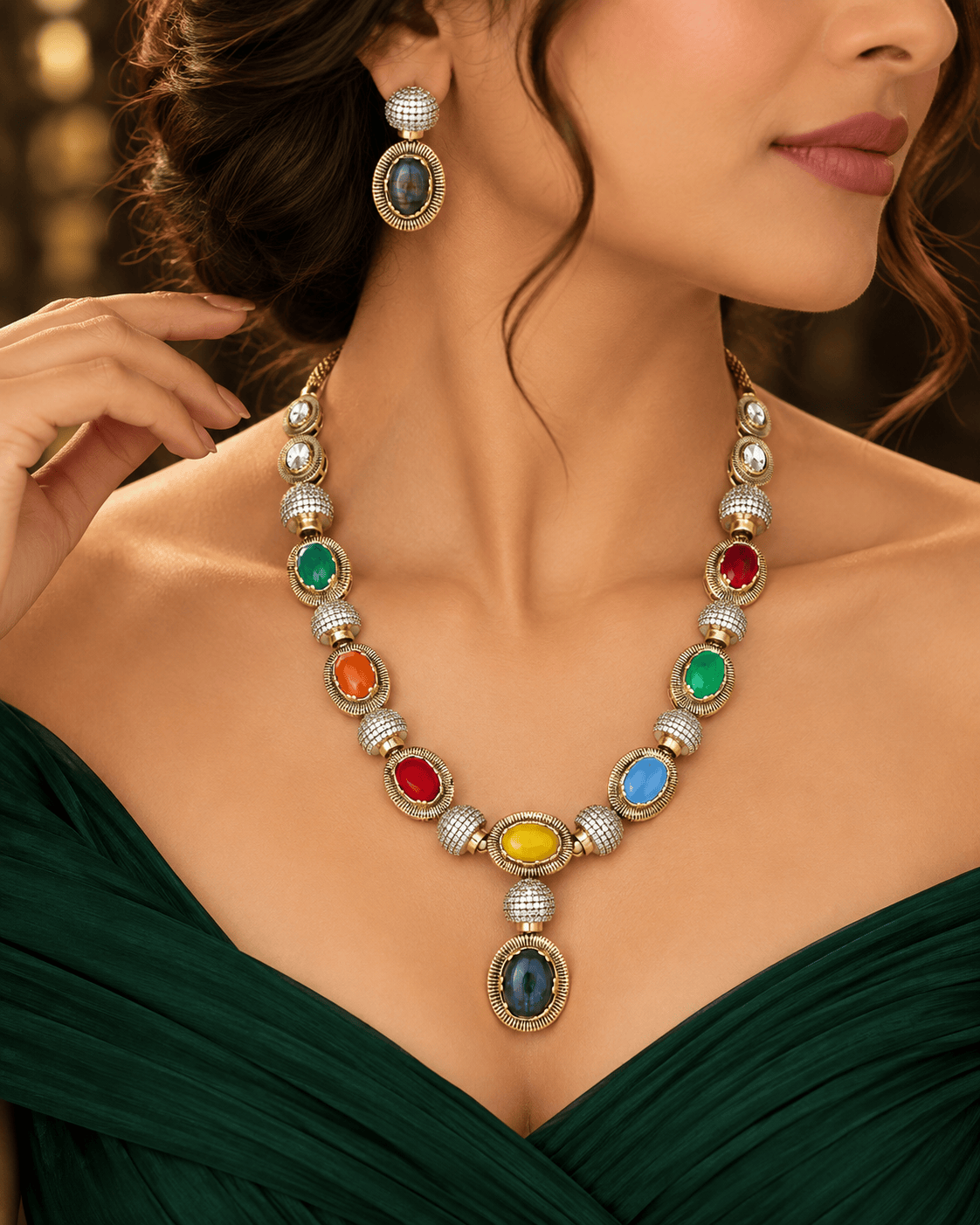 Mataari Necklaces Mahika Gold Plated Solitaire Navratna CZ Wedding Necklace