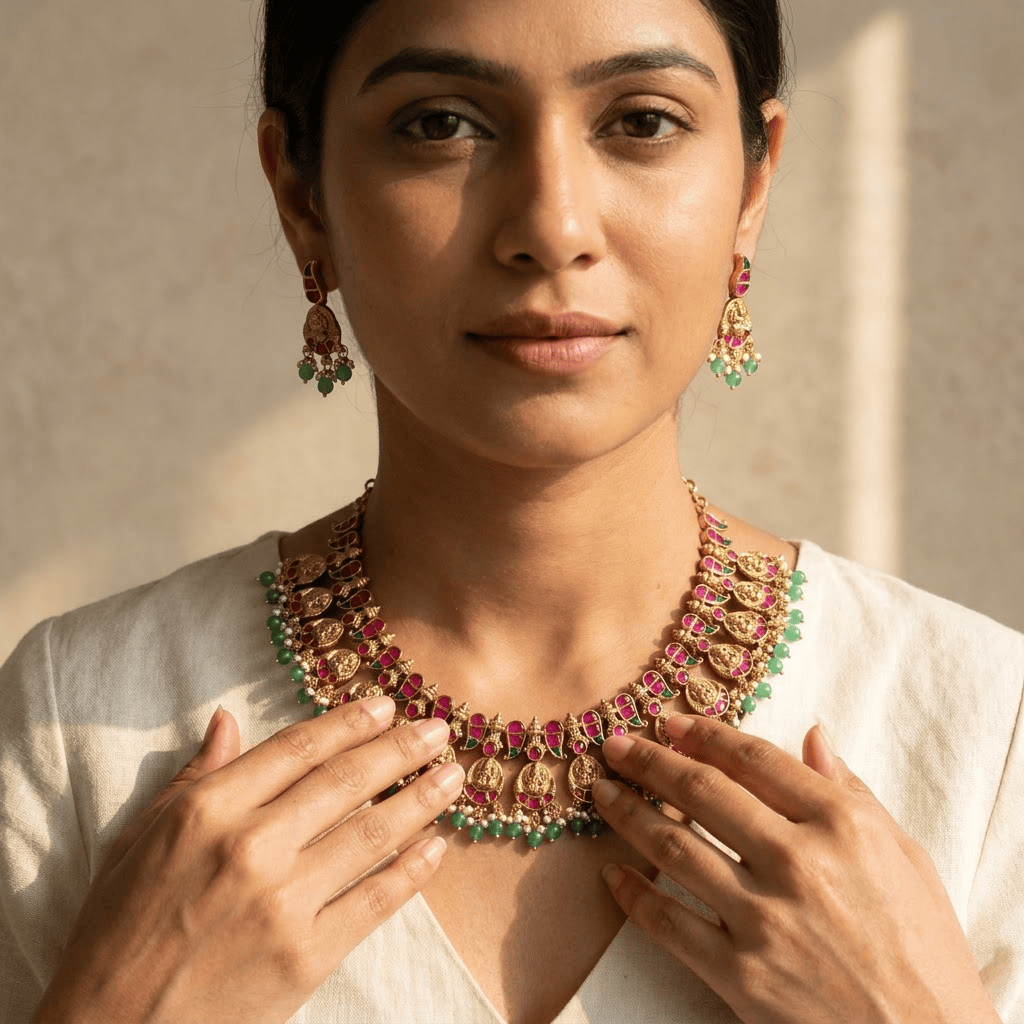 Mataari Necklaces Mango Antique Gold Goddess Lakshmi Coin Kundan Polki Pearl Necklace
