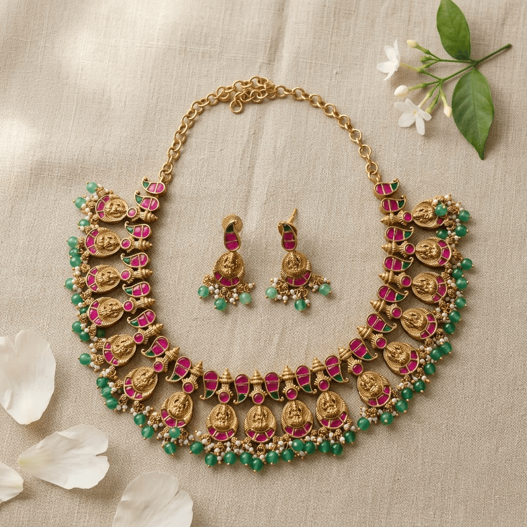 Mataari Necklaces Mango Antique Gold Goddess Lakshmi Coin Kundan Polki Pearl Necklace