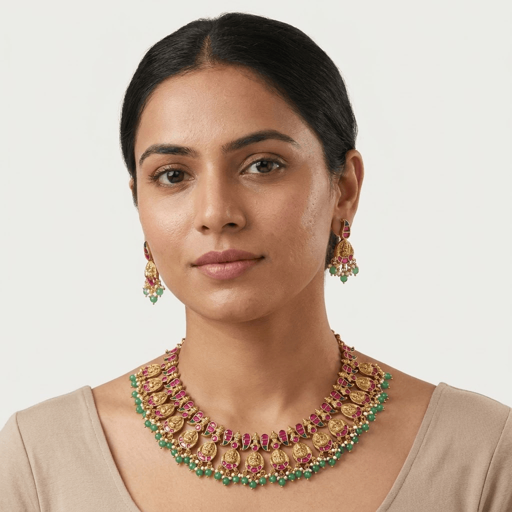 Mataari Necklaces Mango Antique Gold Goddess Lakshmi Coin Kundan Polki Pearl Necklace