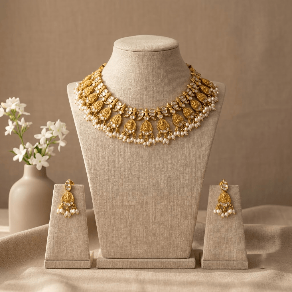 Mataari Necklaces Mango Antique Gold Goddess Lakshmi Coin Kundan Polki Pearl Necklace