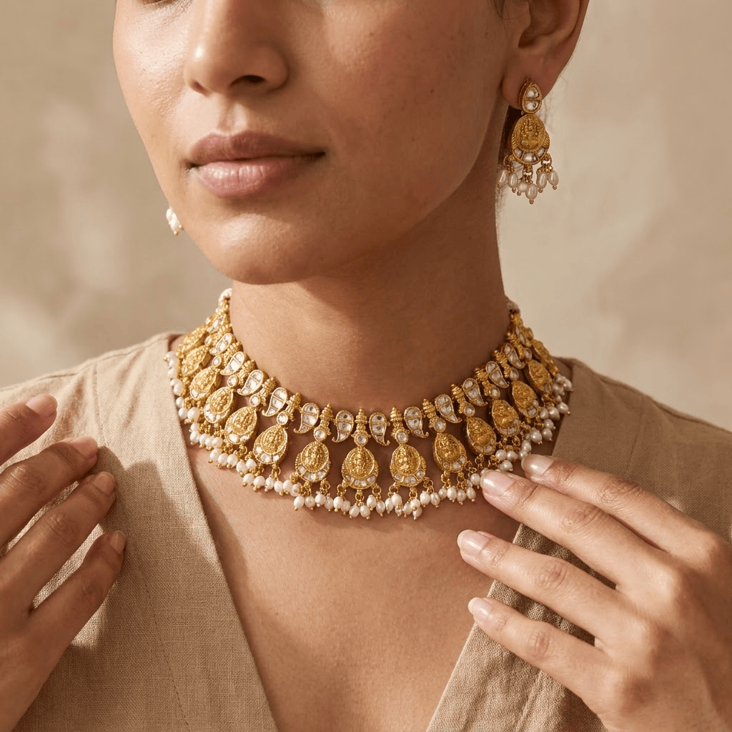 Mataari Necklaces Mango Antique Gold Goddess Lakshmi Coin Kundan Polki Pearl Necklace