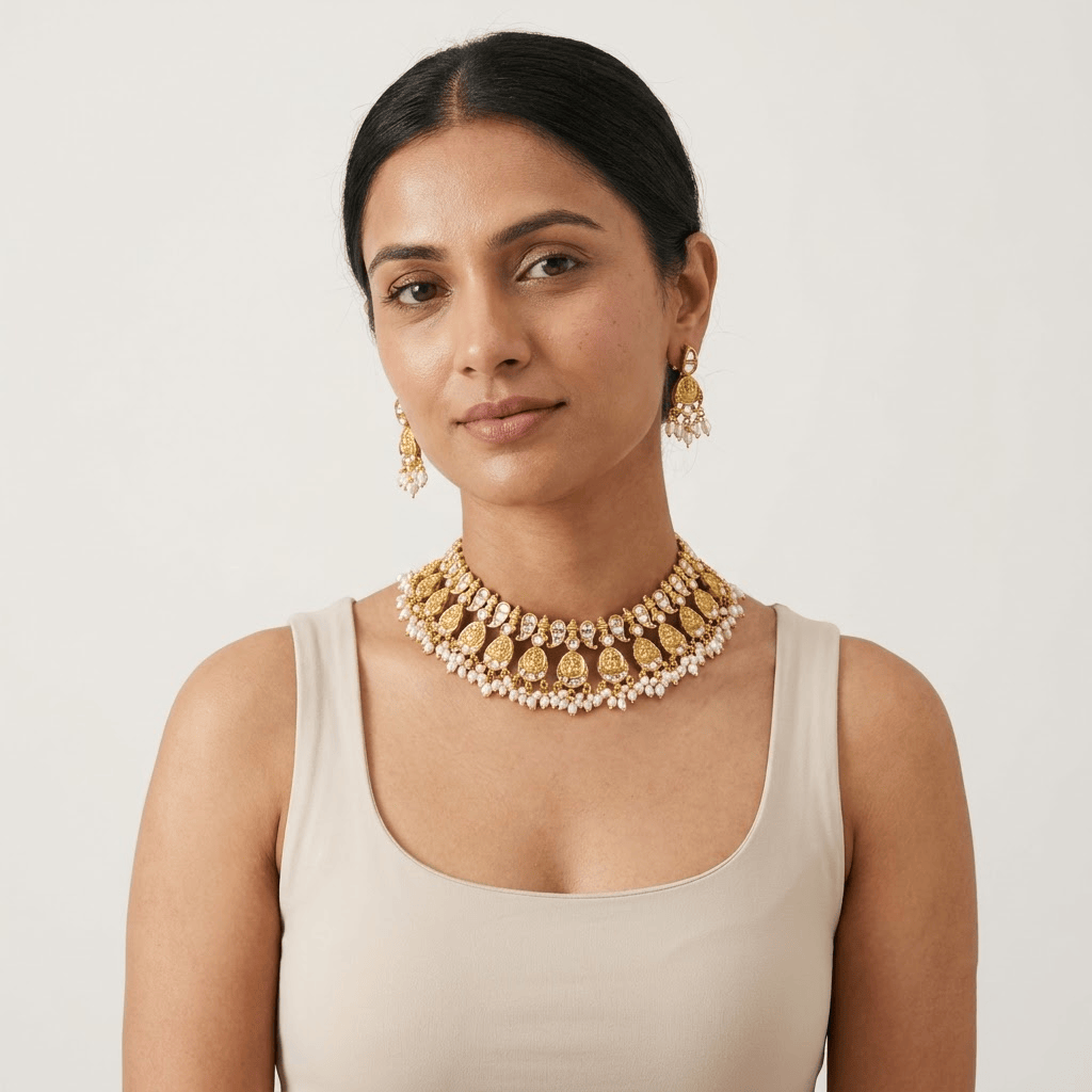 Mataari Necklaces Mango Antique Gold Goddess Lakshmi Coin Kundan Polki Pearl Necklace