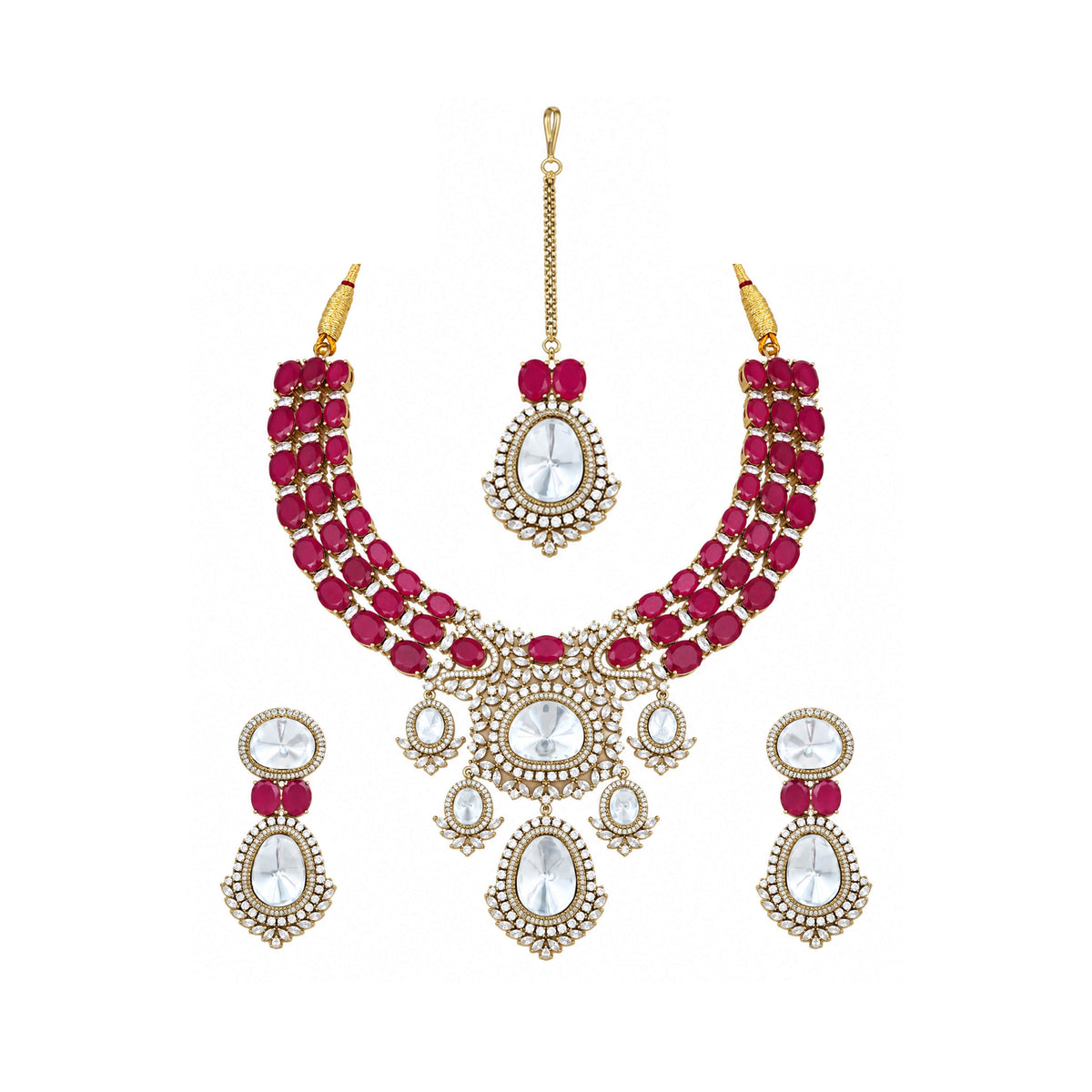 Mataari Necklaces Meghashree Gold Plated CZ Layered Bridal Necklace Set with Maang Tikka
