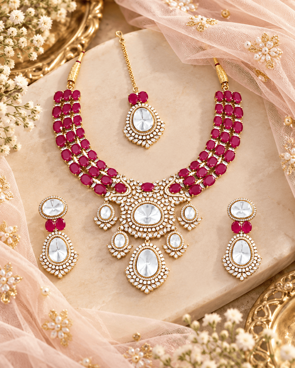 Mataari Necklaces Meghashree Gold Plated CZ Layered Bridal Necklace Set with Maang Tikka