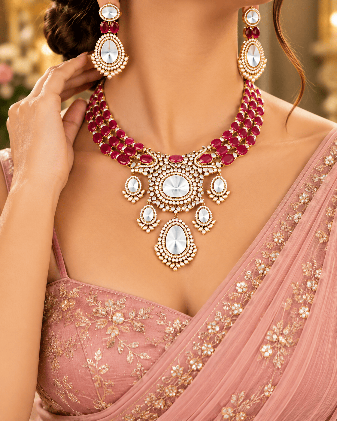 Mataari Necklaces Meghashree Gold Plated CZ Layered Bridal Necklace Set with Maang Tikka