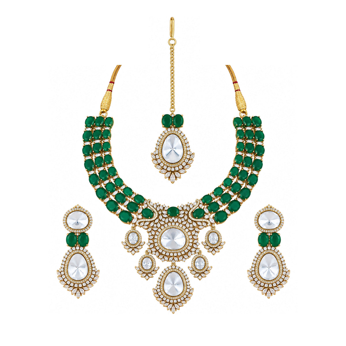 Mataari Necklaces Meghashree Gold Plated CZ Layered Bridal Necklace Set with Maang Tikka