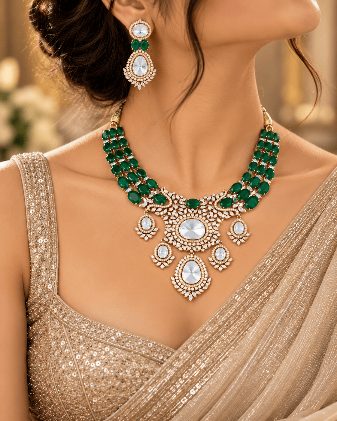 Mataari Necklaces Meghashree Gold Plated CZ Layered Bridal Necklace Set with Maang Tikka