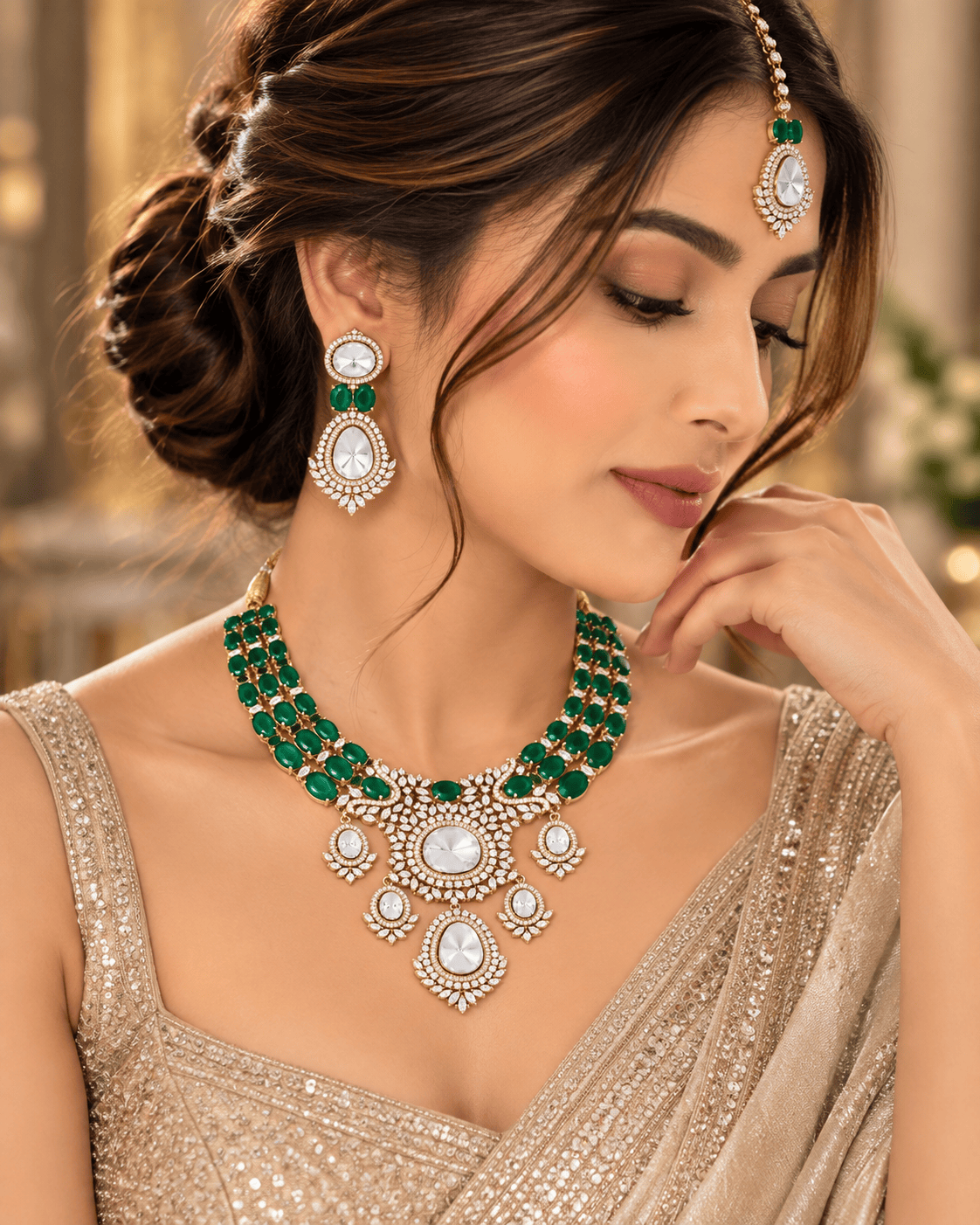 Mataari Necklaces Meghashree Gold Plated CZ Layered Bridal Necklace Set with Maang Tikka