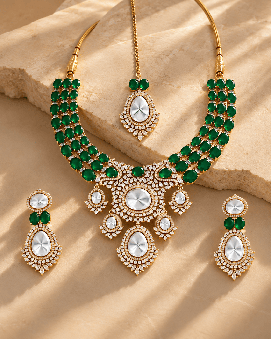 Mataari Necklaces Meghashree Gold Plated CZ Layered Bridal Necklace Set with Maang Tikka