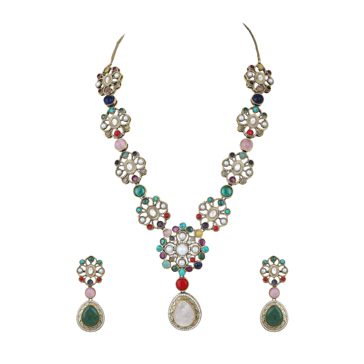 Mataari Necklaces Mehar Navratna Gold Plated Flower CZ Bridal Long Necklace