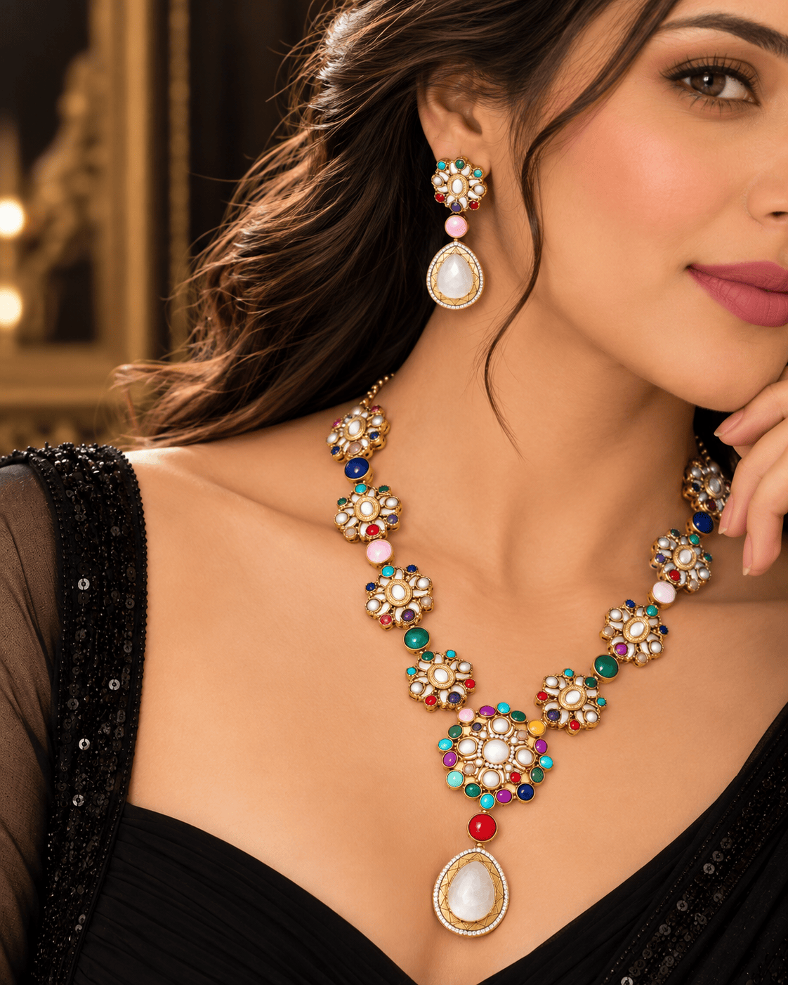 Mataari Necklaces Mehar Navratna Gold Plated Flower CZ Bridal Long Necklace
