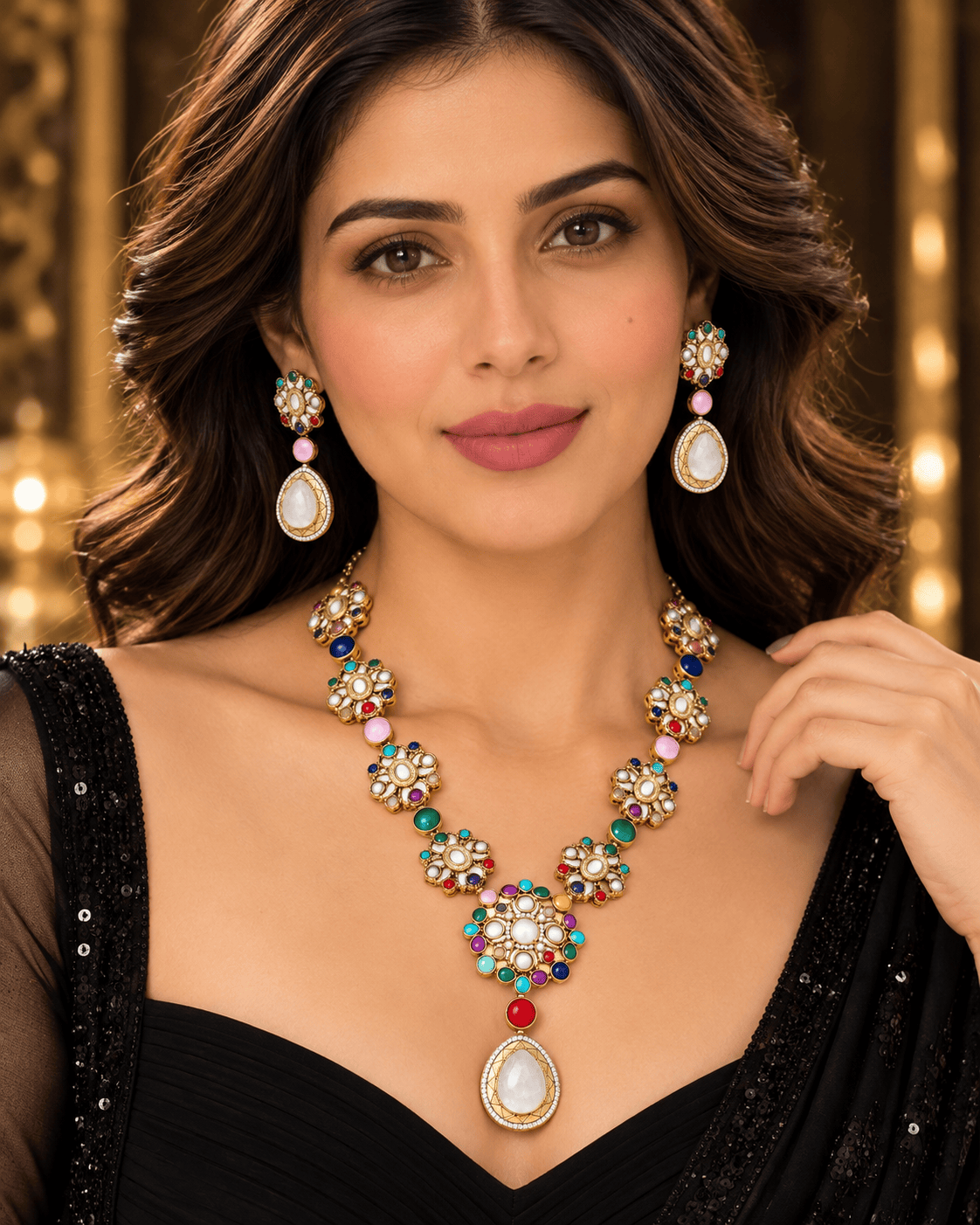 Mataari Necklaces Mehar Navratna Gold Plated Flower CZ Bridal Long Necklace