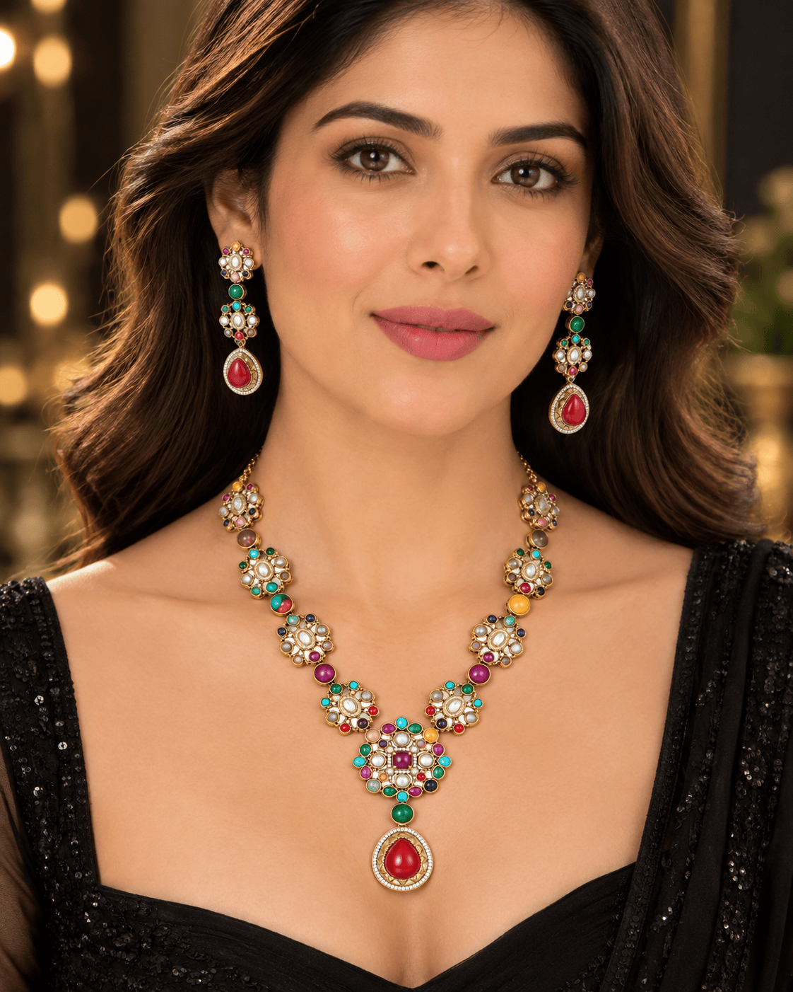 Mataari Necklaces Mehar Navratna Gold Plated Flower CZ Bridal Long Necklace