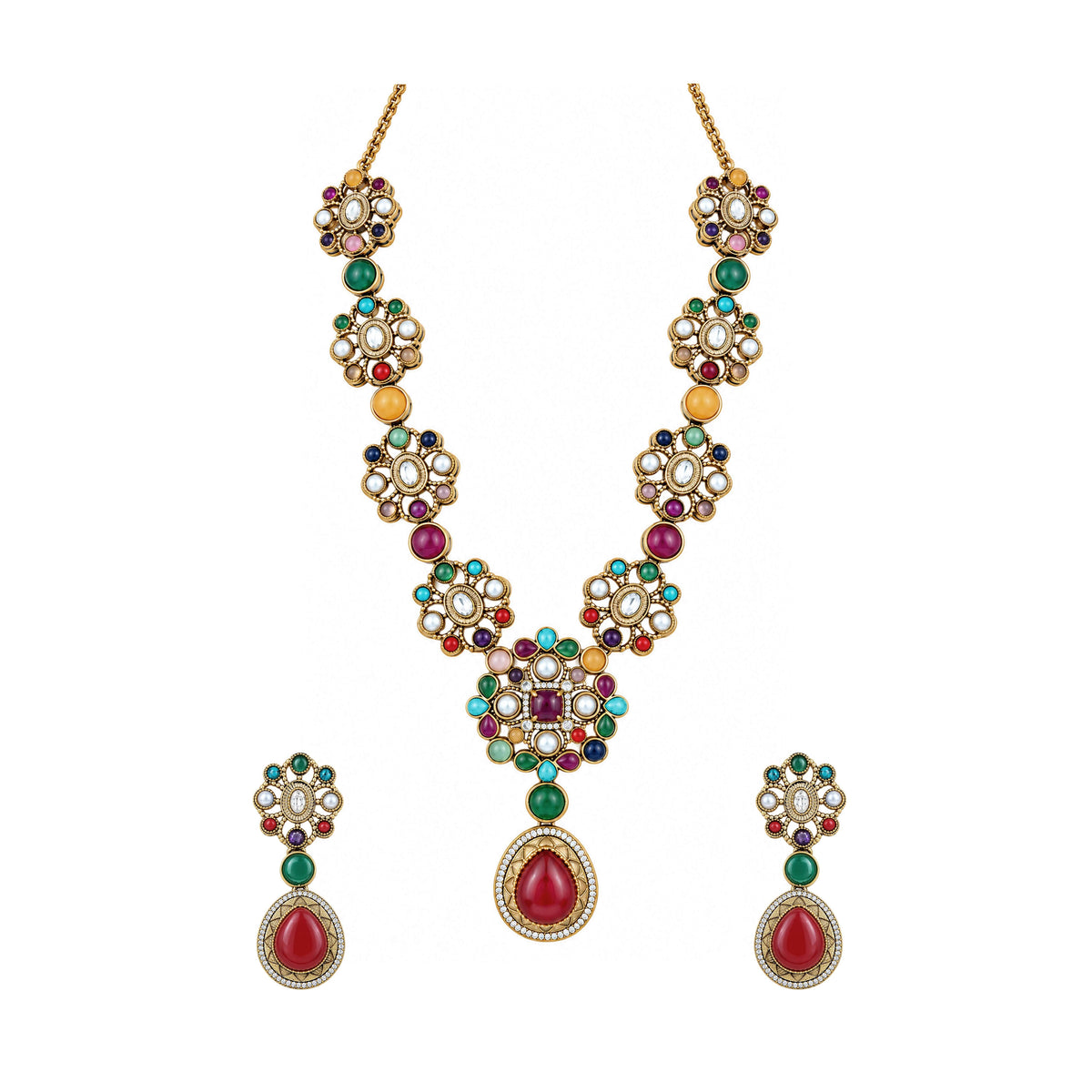 Mataari Necklaces Mehar Navratna Gold Plated Flower CZ Bridal Long Necklace