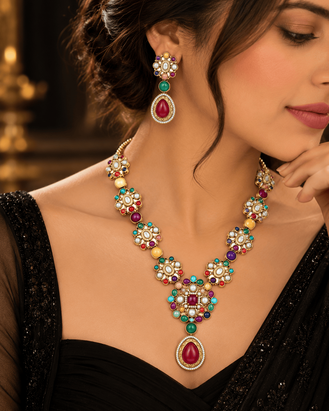 Mataari Necklaces Mehar Navratna Gold Plated Flower CZ Bridal Long Necklace