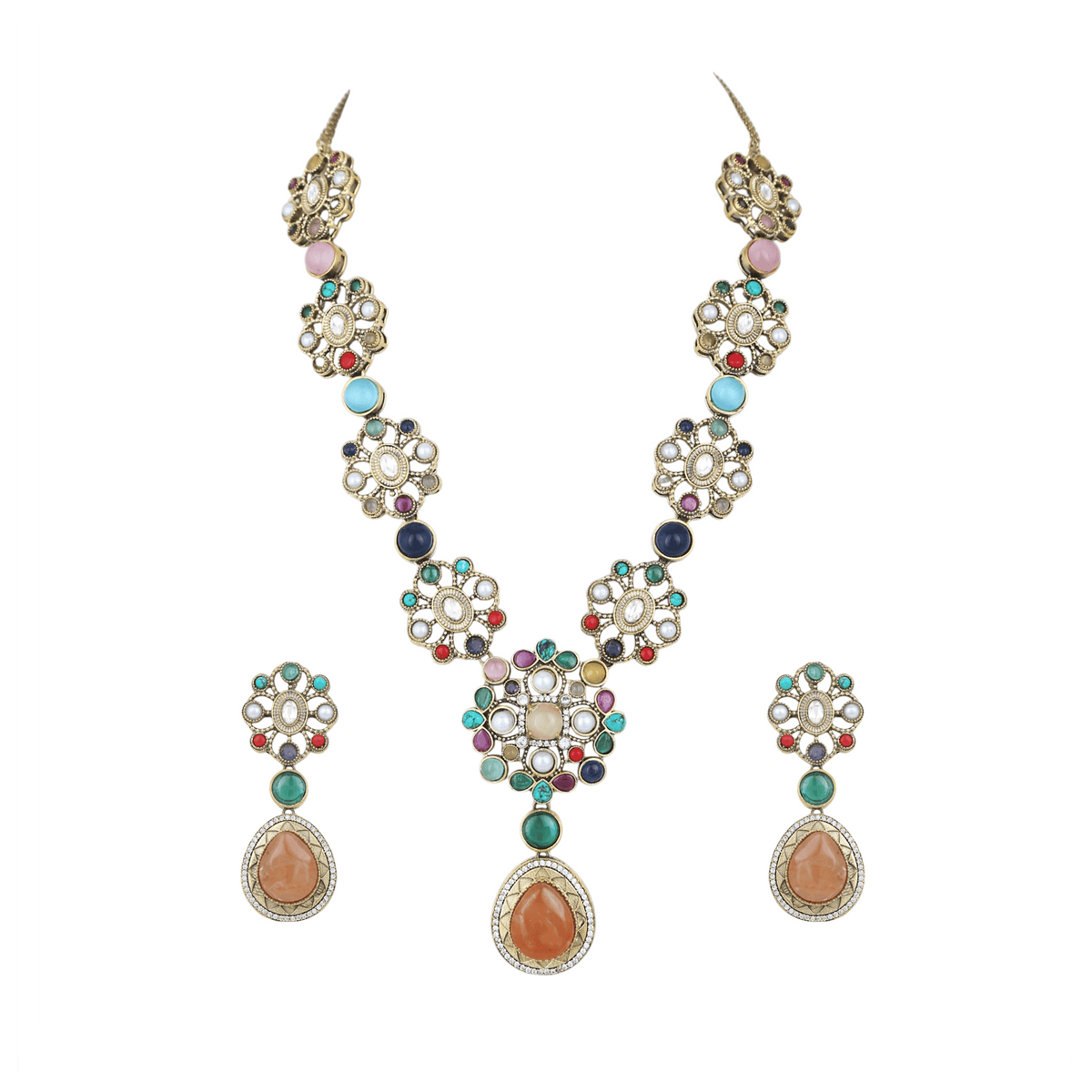 Mataari Necklaces Mehar Navratna Gold Plated Flower CZ Bridal Long Necklace