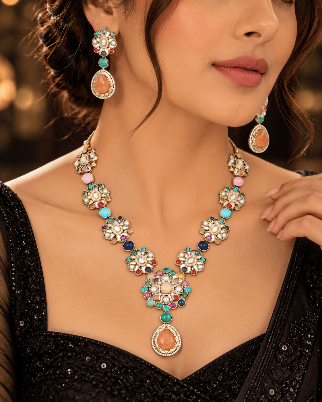 Mataari Necklaces Mehar Navratna Gold Plated Flower CZ Bridal Long Necklace