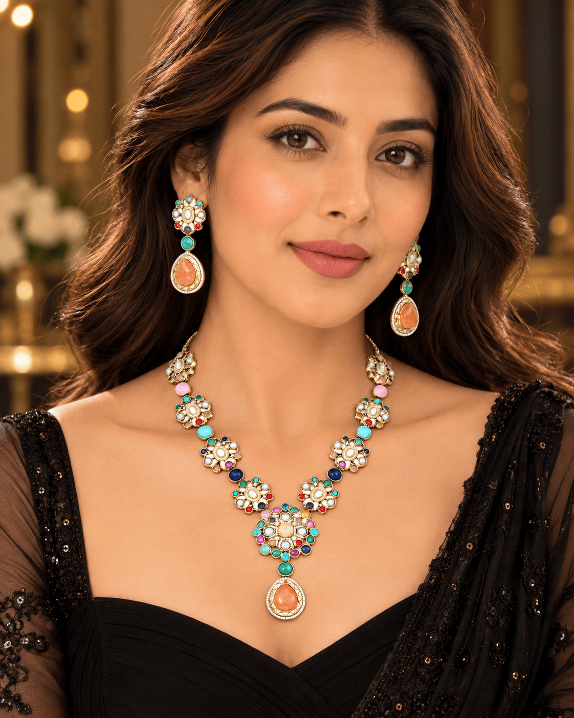 Mataari Necklaces Mehar Navratna Gold Plated Flower CZ Bridal Long Necklace