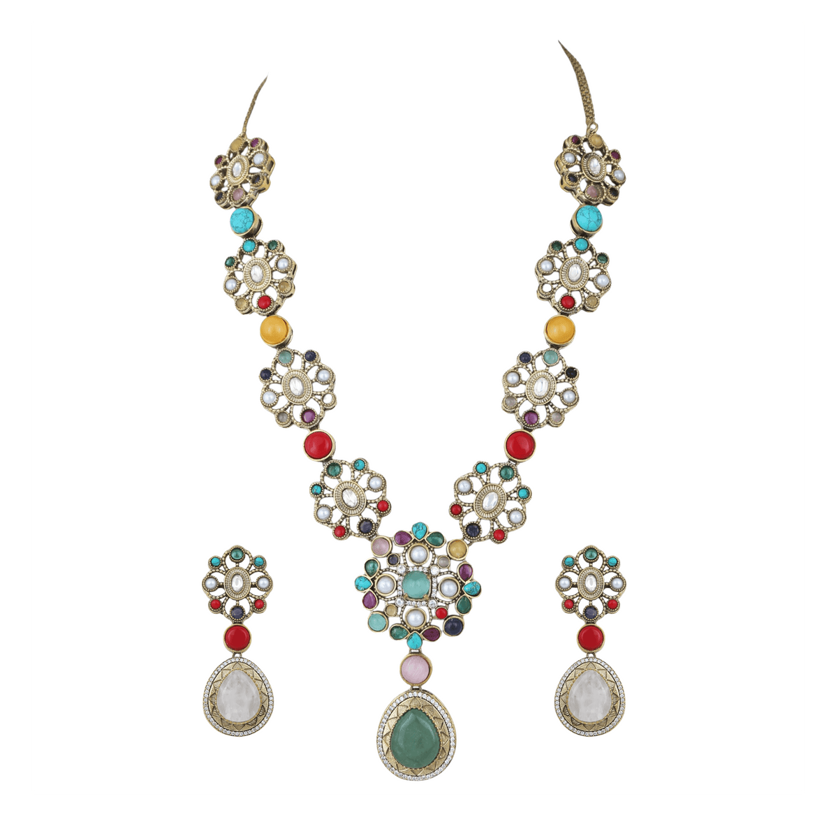 Mataari Necklaces Mehar Navratna Gold Plated Flower CZ Bridal Long Necklace