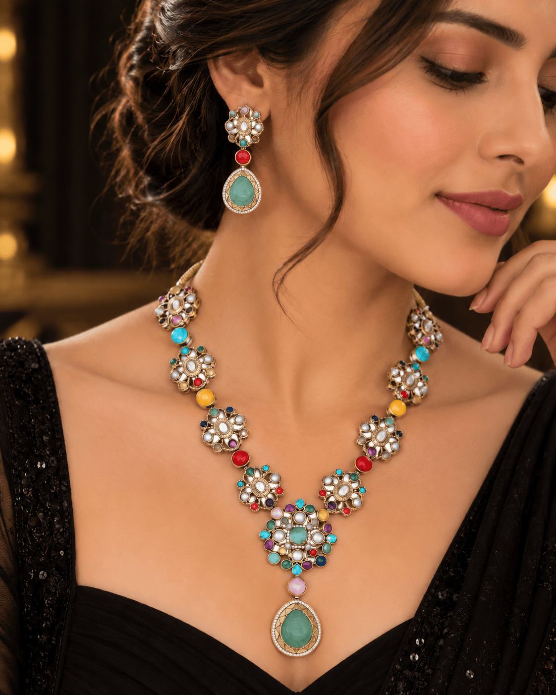 Mataari Necklaces Mehar Navratna Gold Plated Flower CZ Bridal Long Necklace
