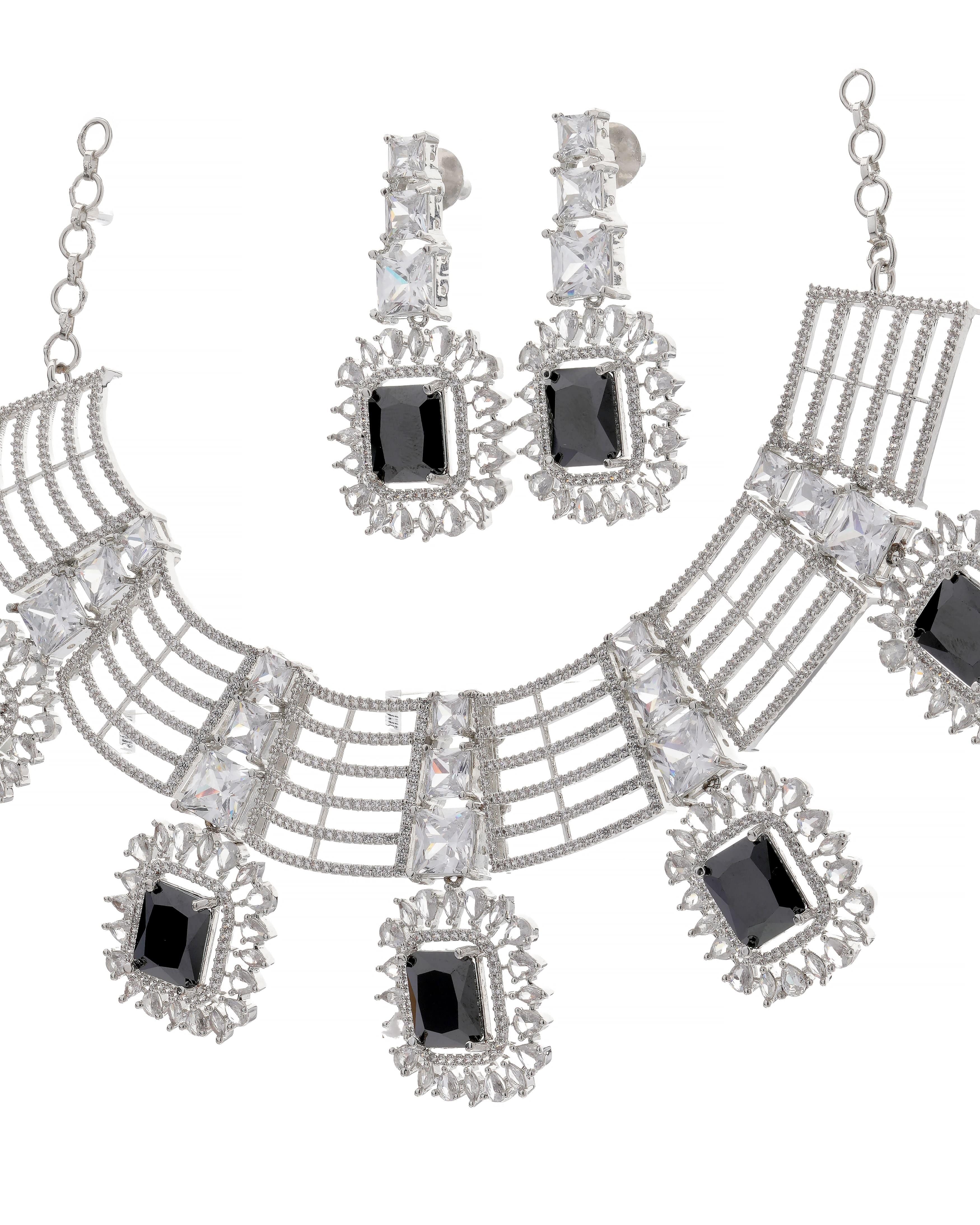 Mataari Necklaces Midnight Glam Adjustable Collar Necklace & Drop Earrings Set | Black CZ | Premium Rhodium Finish | Statement Indian Jewelry