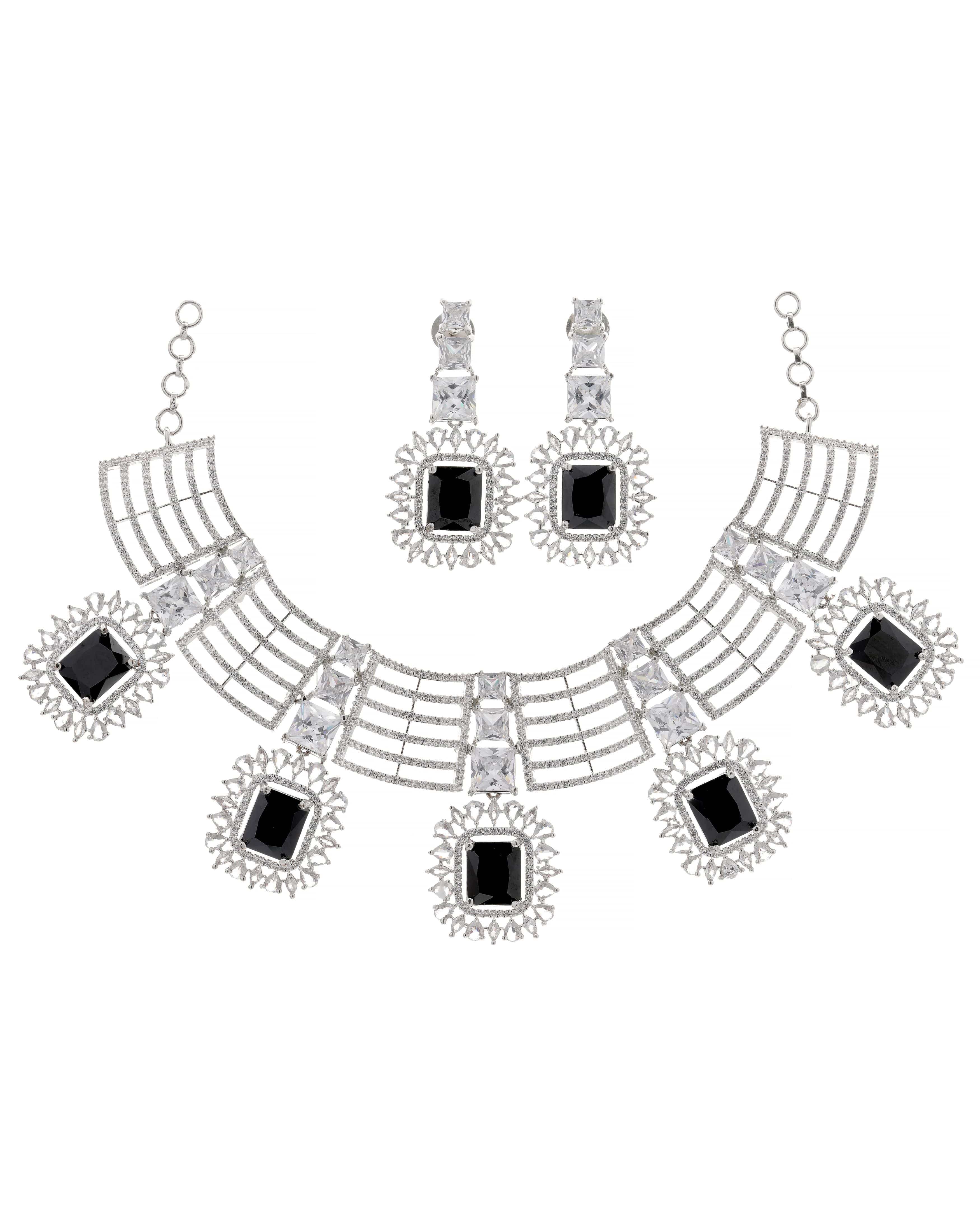 Mataari Necklaces Midnight Glam Adjustable Collar Necklace & Drop Earrings Set | Black CZ | Premium Rhodium Finish | Statement Indian Jewelry
