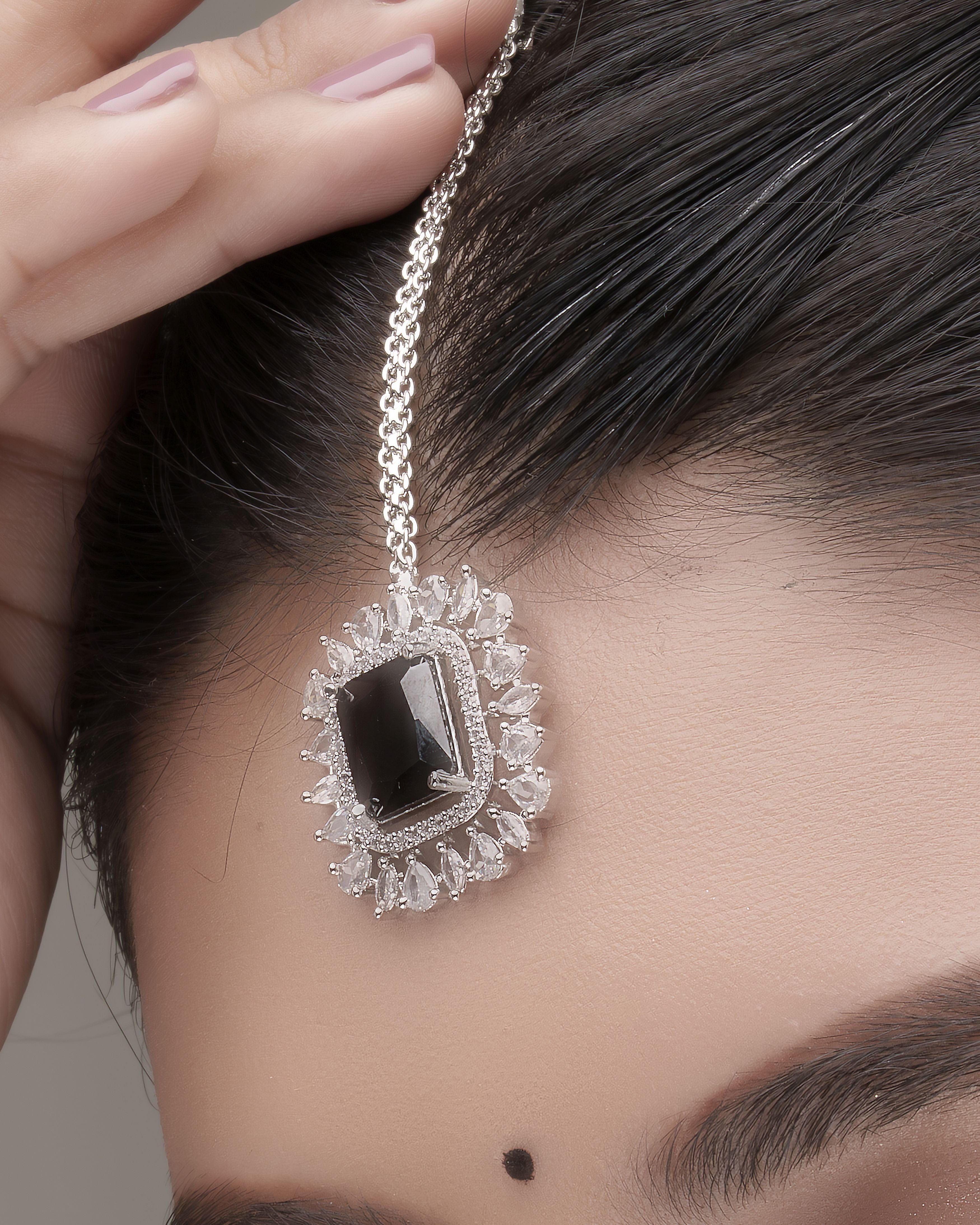 Mataari Necklaces Midnight Glam Adjustable Collar Necklace & Drop Earrings Set | Black CZ | Premium Rhodium Finish | Statement Indian Jewelry