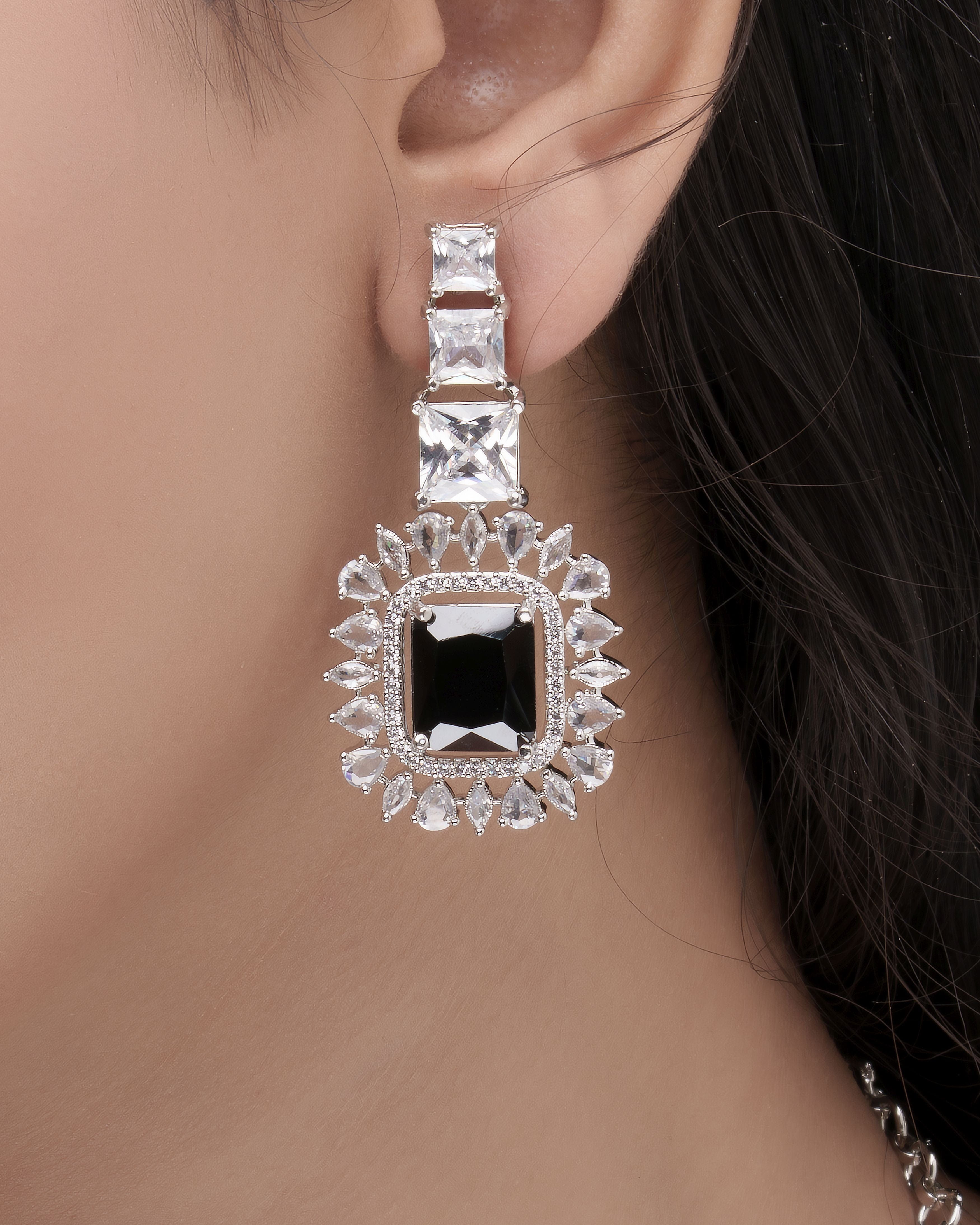 Mataari Necklaces Midnight Glam Adjustable Collar Necklace & Drop Earrings Set | Black CZ | Premium Rhodium Finish | Statement Indian Jewelry