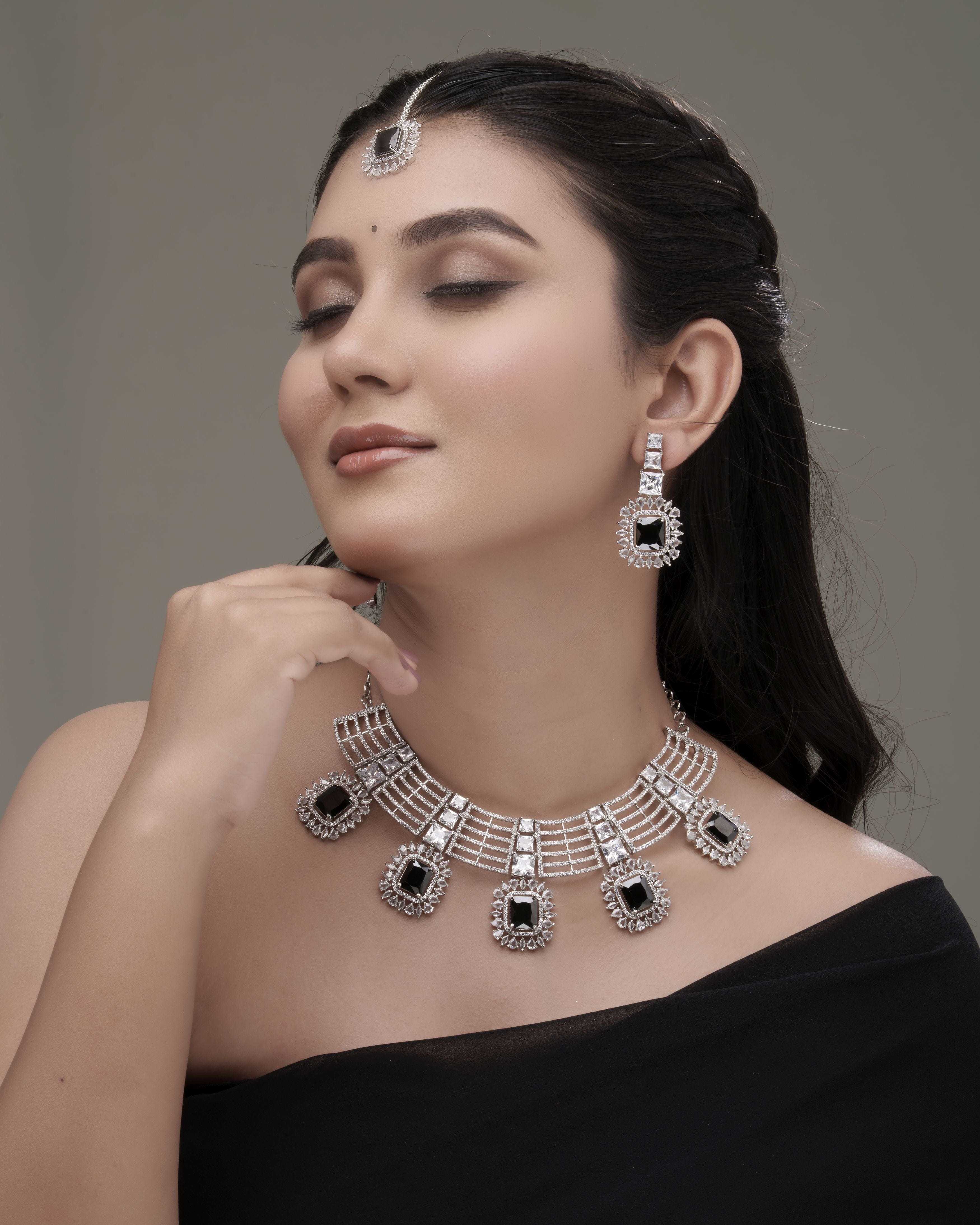 Mataari Necklaces Midnight Glam Adjustable Collar Necklace & Drop Earrings Set | Black CZ | Premium Rhodium Finish | Statement Indian Jewelry