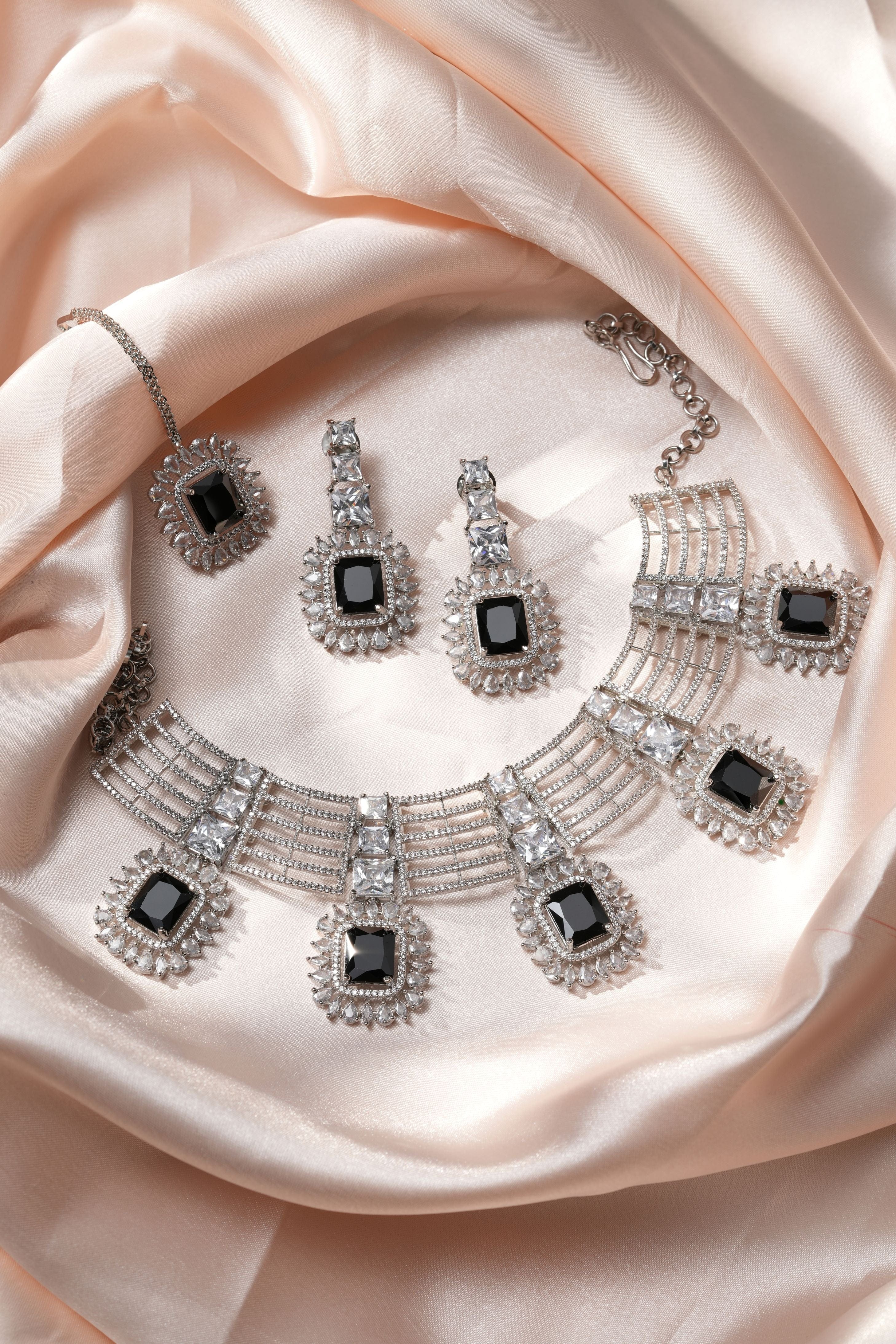 Mataari Necklaces Midnight Glam Adjustable Collar Necklace & Drop Earrings Set | Black CZ | Premium Rhodium Finish | Statement Indian Jewelry