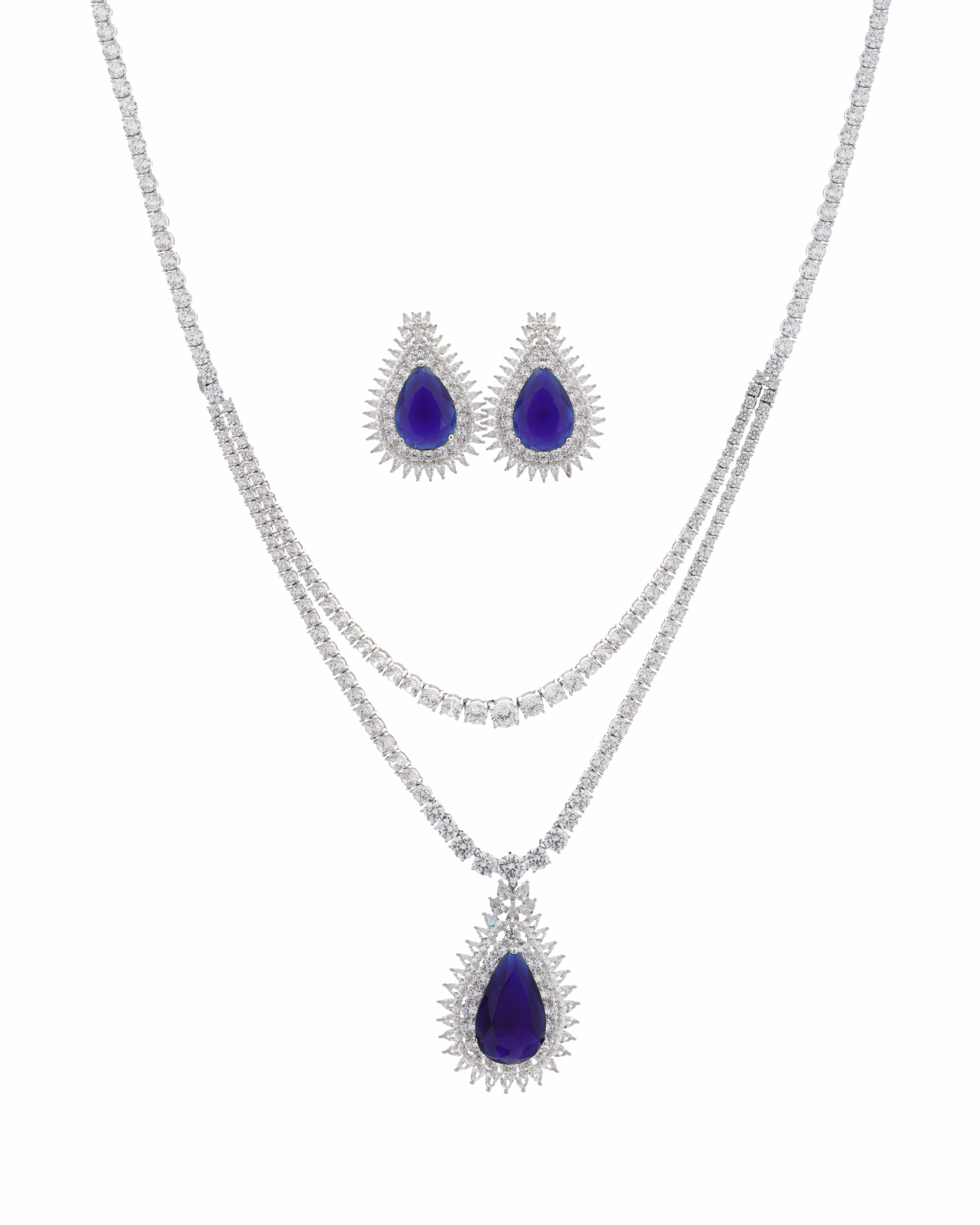 Mataari Necklaces Midnight Majesty Sapphire-Inspired Swarovski Elements Necklace Set | Rhodium | Indian Jewelry | Mataari