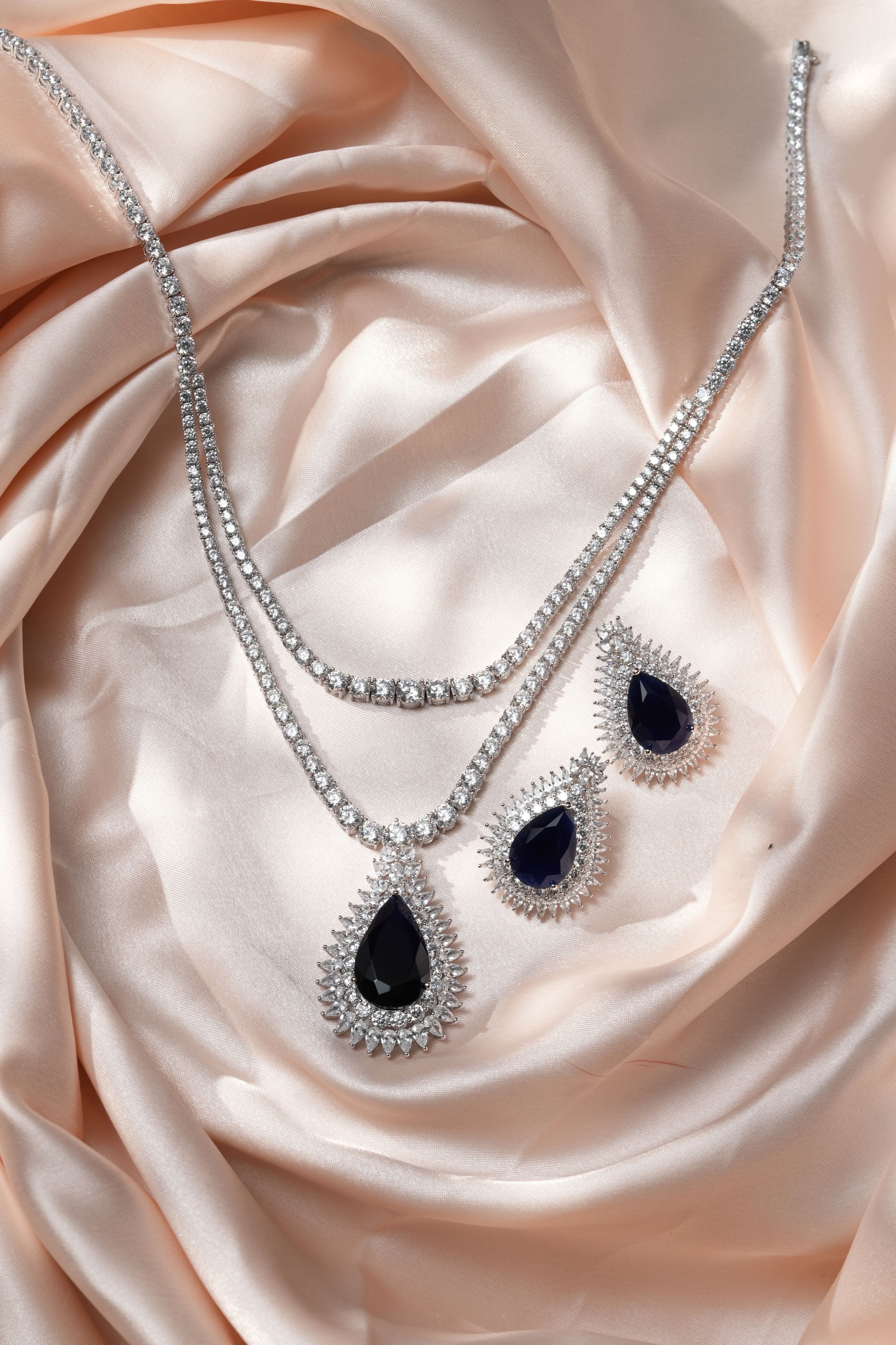 Mataari Necklaces Midnight Majesty Sapphire-Inspired Swarovski Elements Necklace Set | Rhodium | Indian Jewelry | Mataari