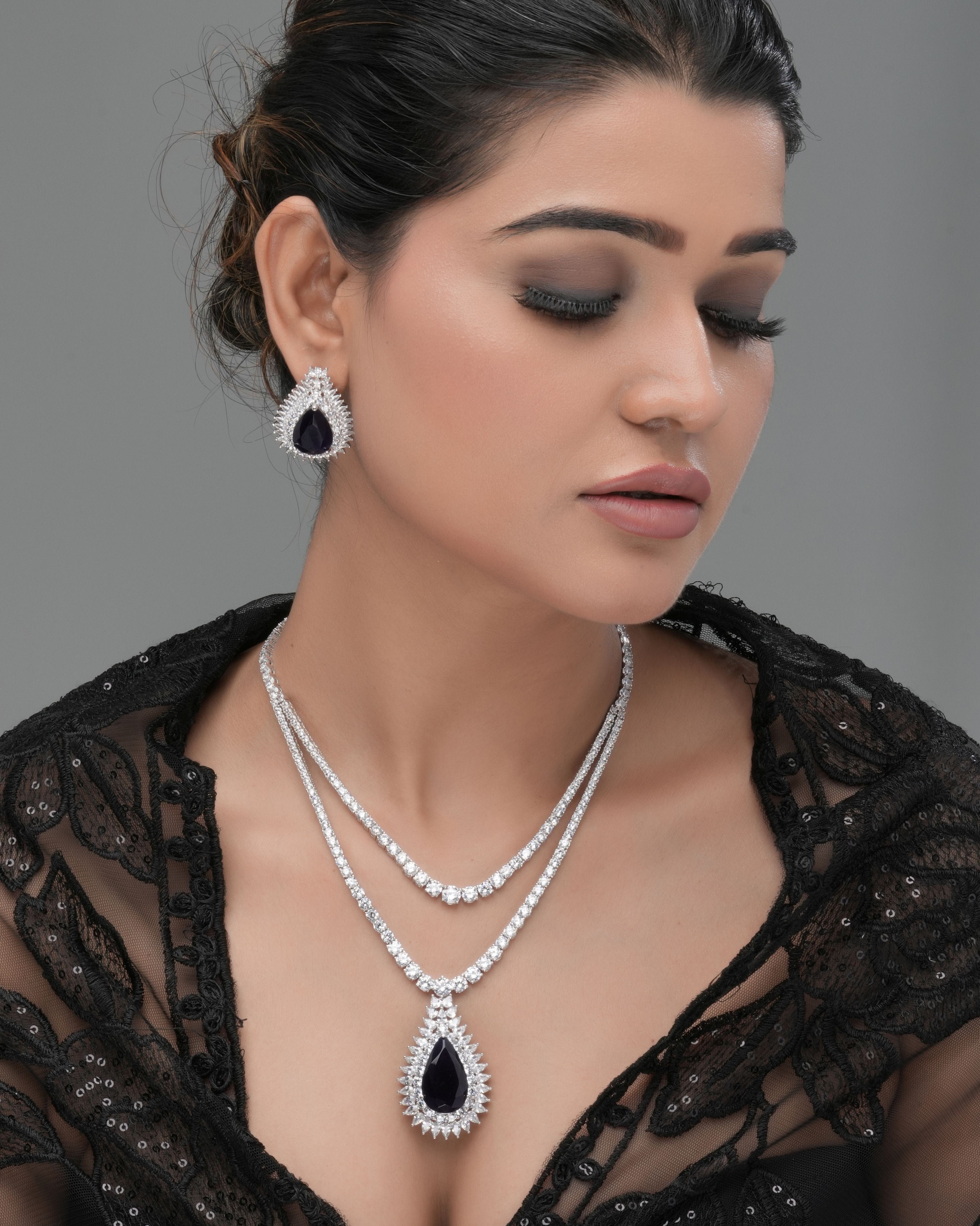 Mataari Necklaces Midnight Majesty Sapphire-Inspired Swarovski Elements Necklace Set | Rhodium | Indian Jewelry | Mataari