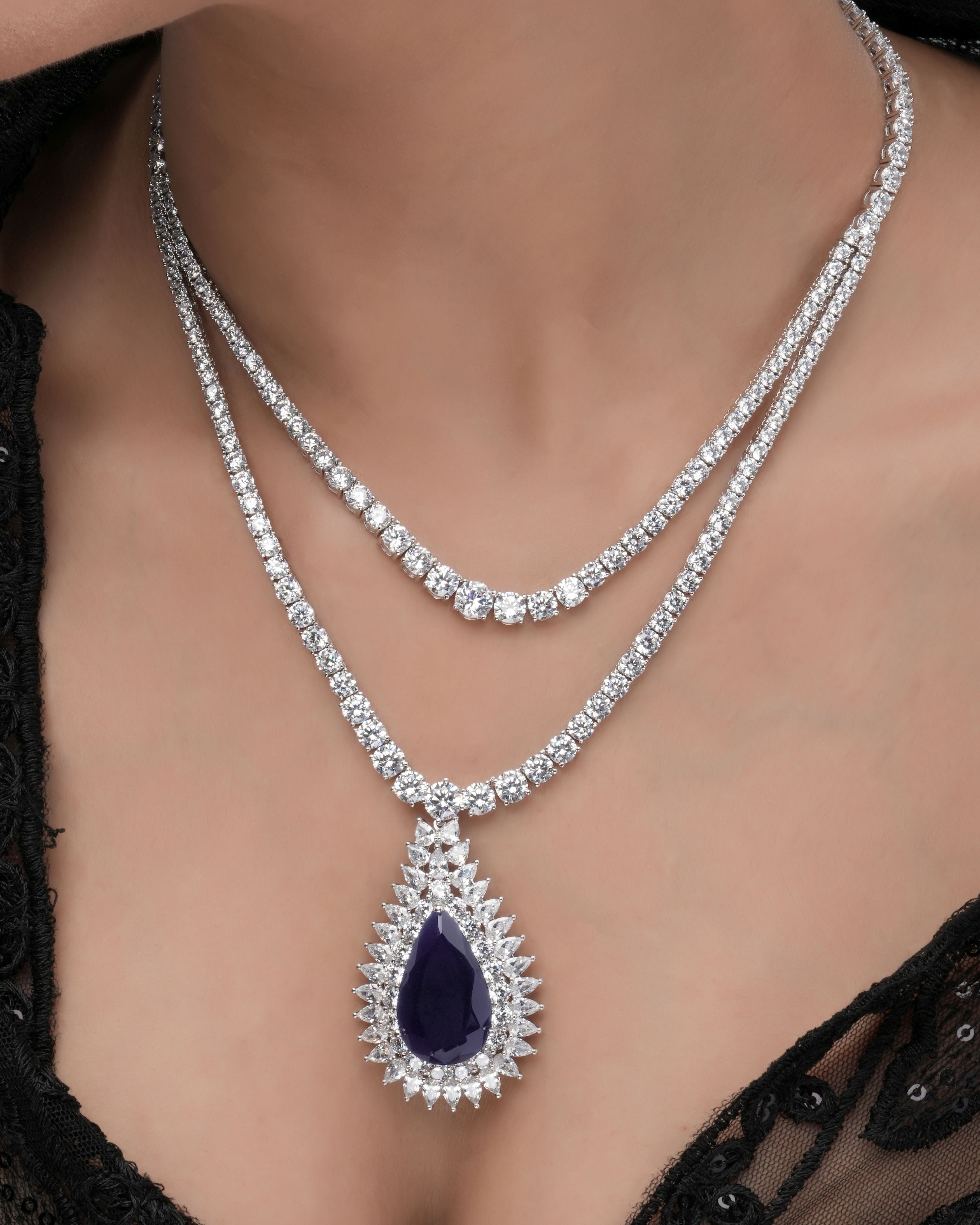 Mataari Necklaces Midnight Majesty Sapphire-Inspired Swarovski Elements Necklace Set | Rhodium | Indian Jewelry | Mataari