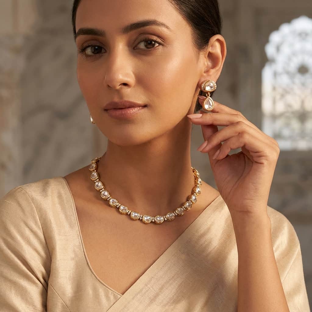 Mataari Necklaces Minimalist Kundan Single Line Polki Moissanite Bridal Necklace