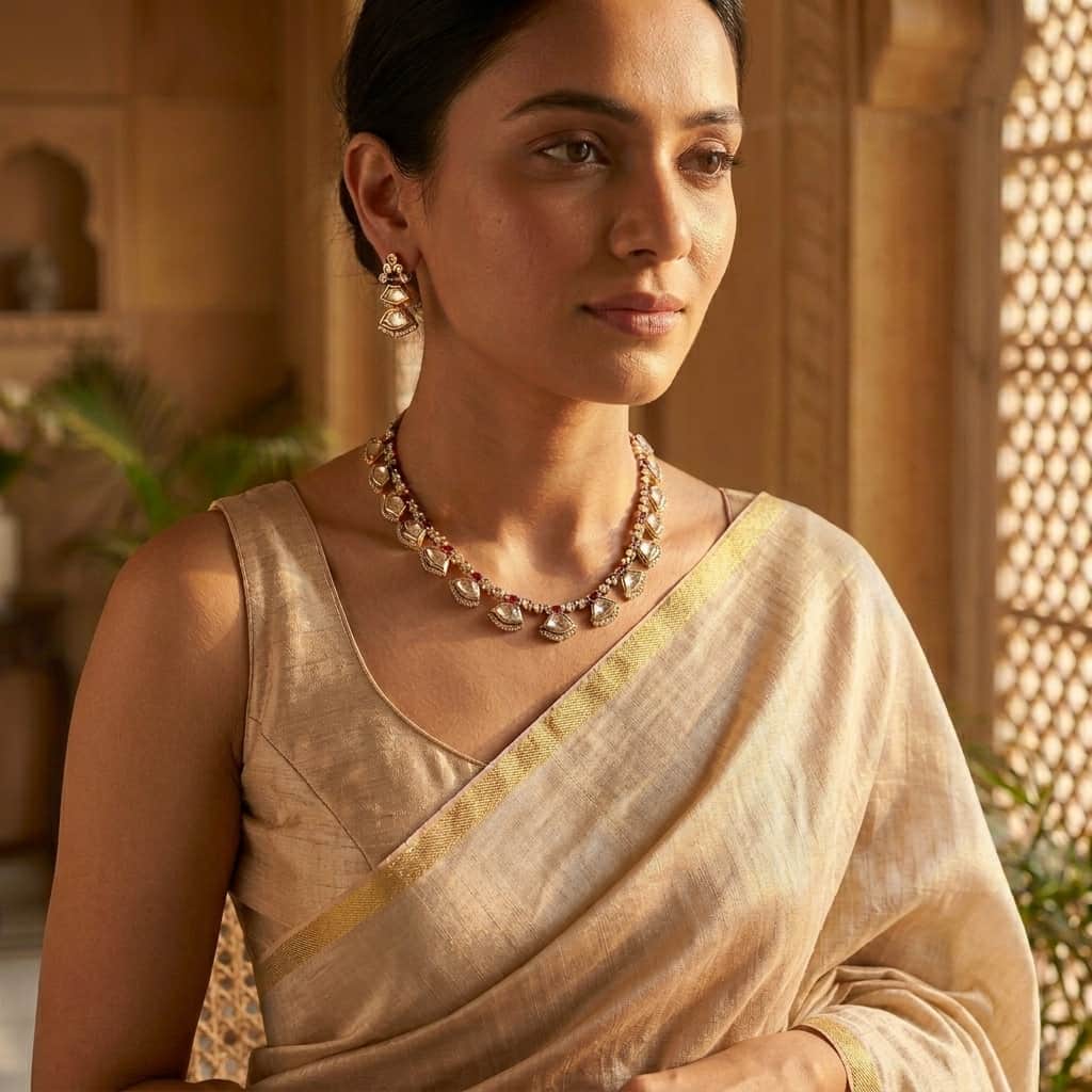 Mataari Necklaces Minimalist Single Line Kundan Polki Moissanite Necklace with Ruby & Emerald
