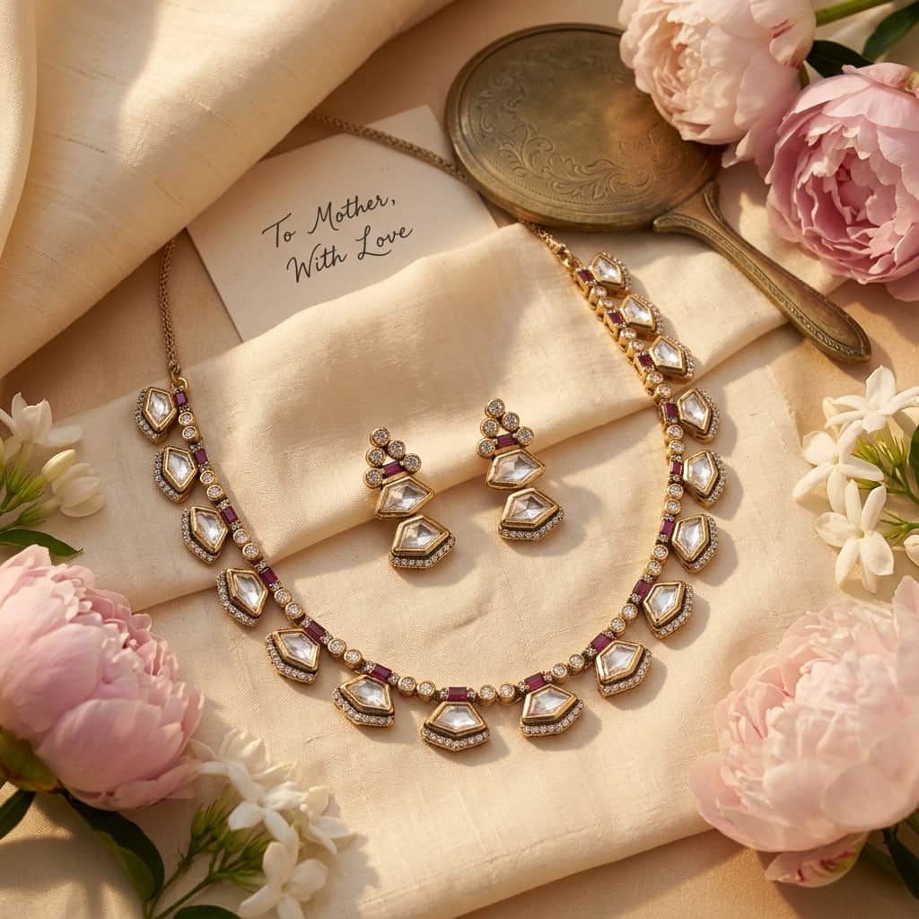 Mataari Necklaces Minimalist Single Line Kundan Polki Moissanite Necklace with Ruby & Emerald