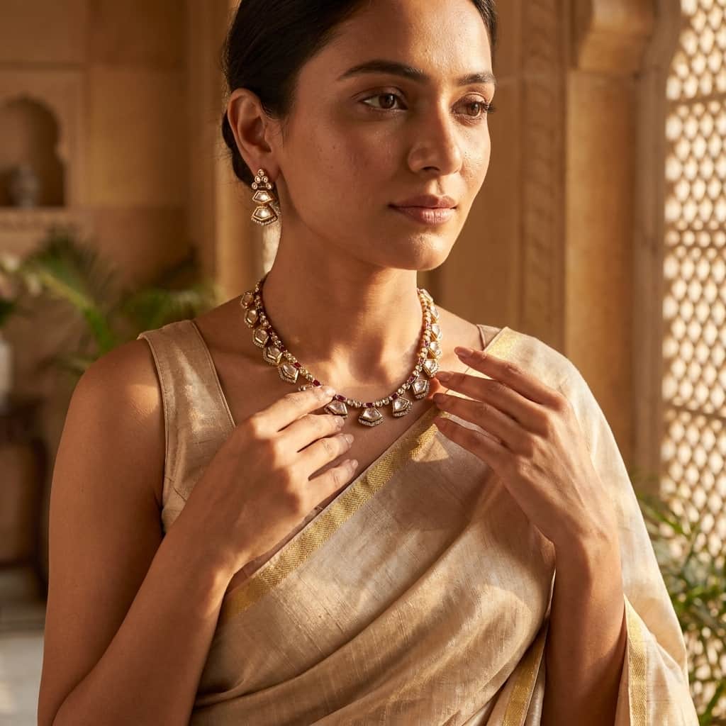 Mataari Necklaces Minimalist Single Line Kundan Polki Moissanite Necklace with Ruby & Emerald