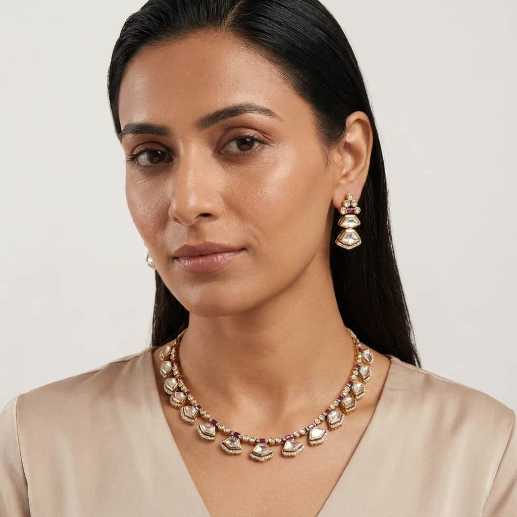 Mataari Necklaces Minimalist Single Line Kundan Polki Moissanite Necklace with Ruby & Emerald