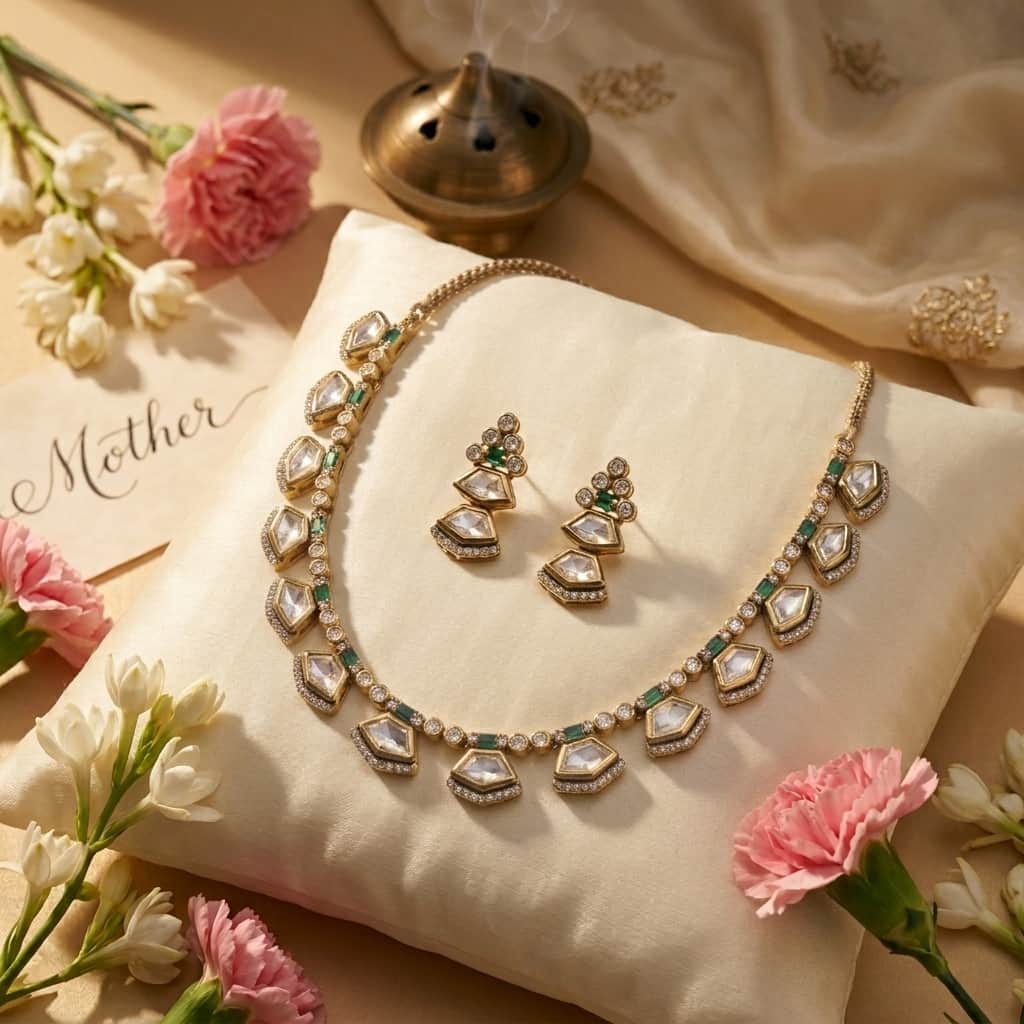 Mataari Necklaces Minimalist Single Line Kundan Polki Moissanite Necklace with Ruby & Emerald