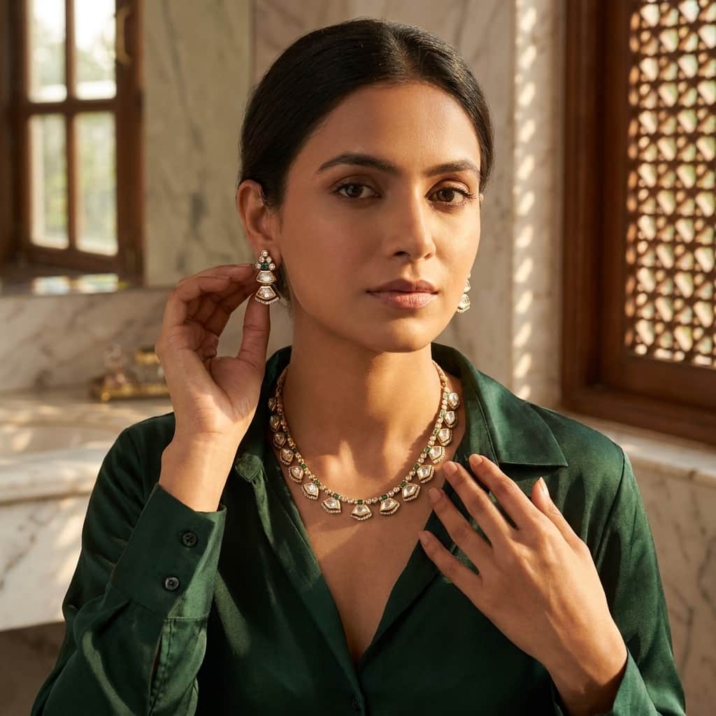 Mataari Necklaces Minimalist Single Line Kundan Polki Moissanite Necklace with Ruby & Emerald