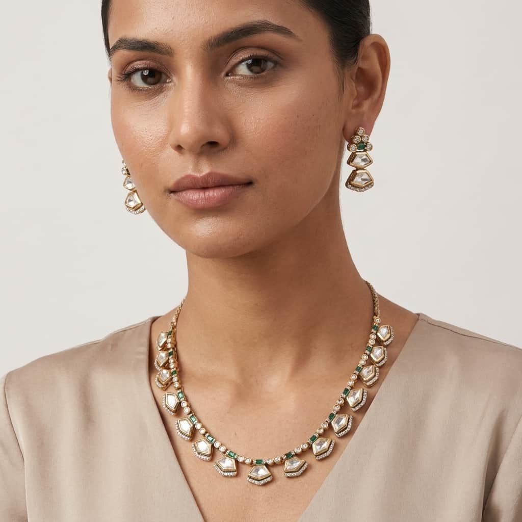 Mataari Necklaces Minimalist Single Line Kundan Polki Moissanite Necklace with Ruby & Emerald