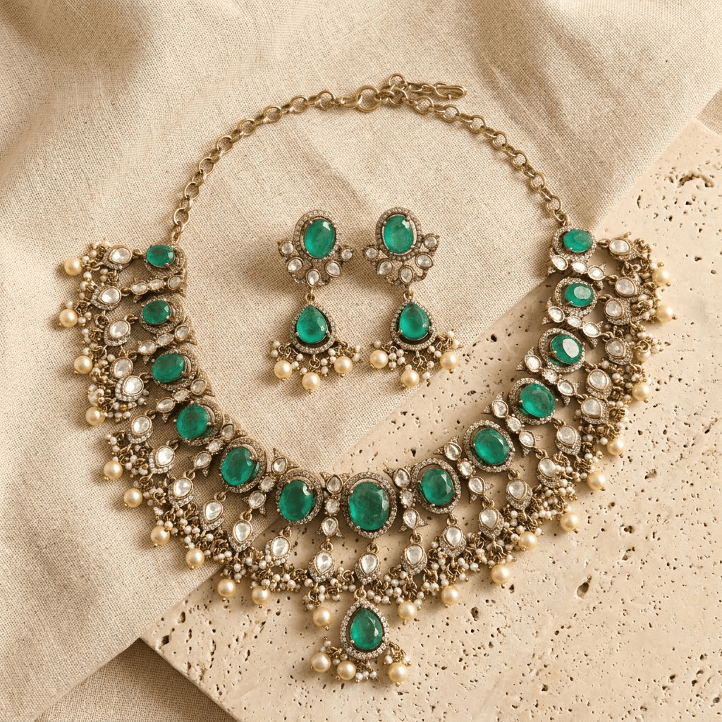 Mataari Necklaces Antique Gold Mint Kundan Polki Teardrop Pearl Beaded Necklace