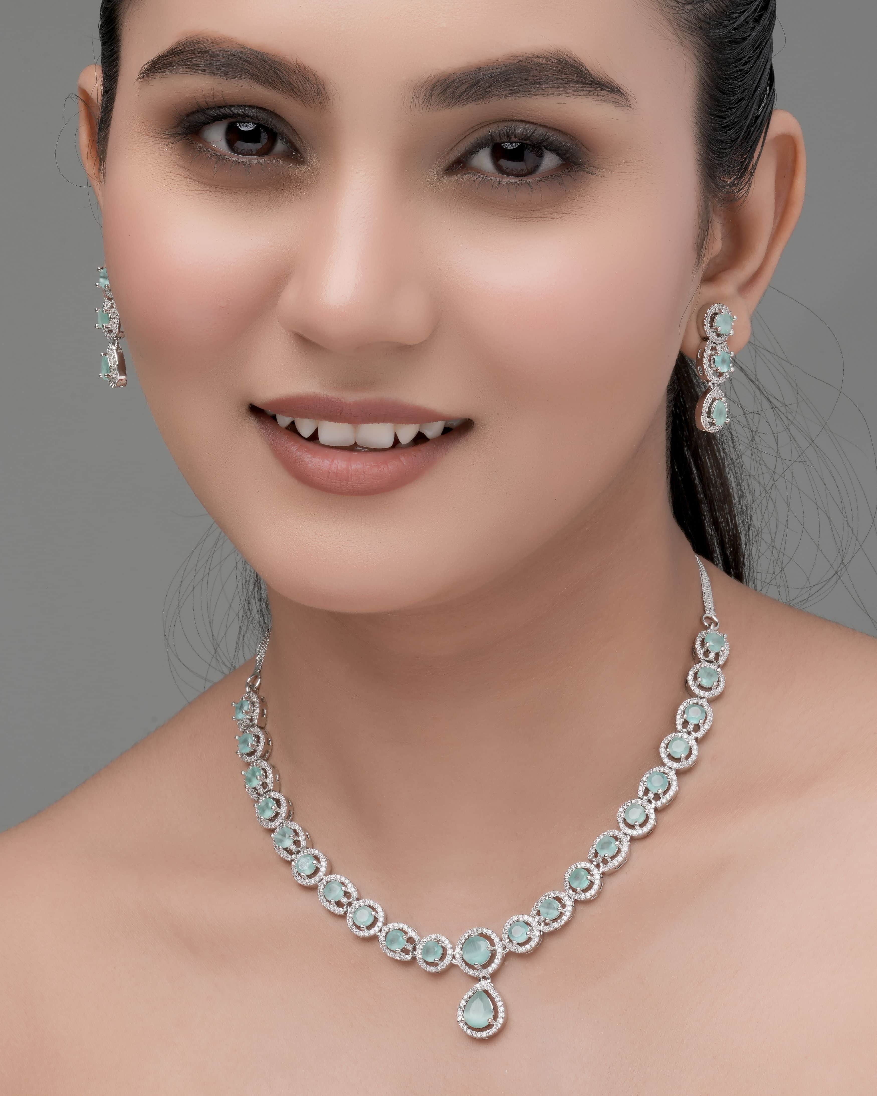Mataari Necklaces Blue Sapphire Single Line Moissanite Solitaire Swarovski | CZ | Indian Jewelry | Mataari