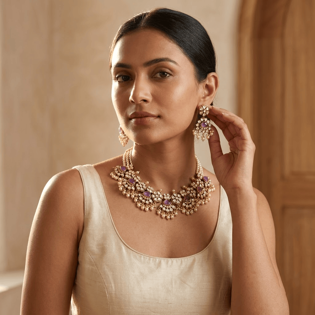 Mataari Necklaces Mint Cubic Zirconia Antique Gold Polki Pearl Choker Necklace for Wedding