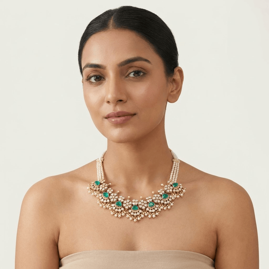 Mataari Necklaces Mint Cubic Zirconia Antique Gold Polki Pearl Choker Necklace for Wedding