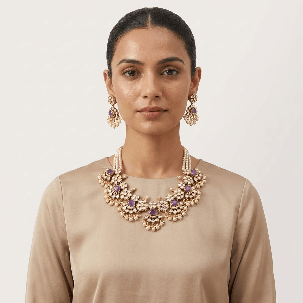 Mataari Necklaces Mint Cubic Zirconia Antique Gold Polki Pearl Choker Necklace for Wedding