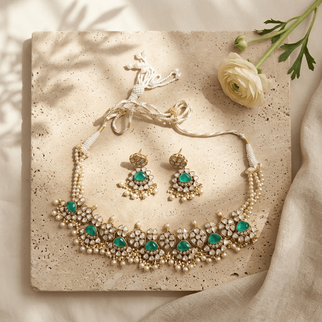 Mataari Necklaces Mint Cubic Zirconia Antique Gold Polki Pearl Choker Necklace for Wedding